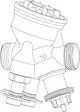 Regel- und Regulierventil von IMI Hydronic Engineering, mit mehreren Anschlüssen und einem integrierten Flussrichtungspfeil, in technischer Zeichnung dargestellt.